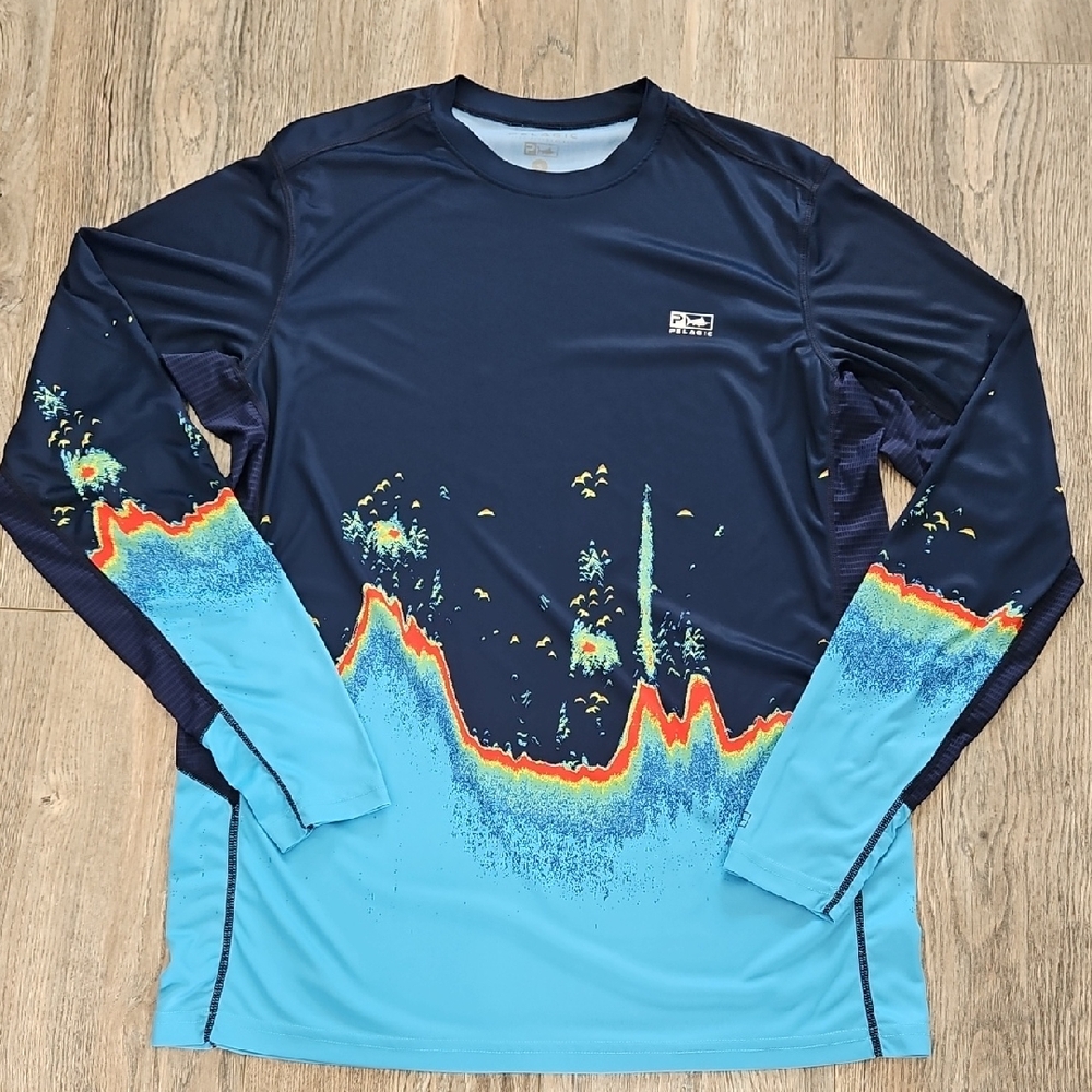 Pelagic Navy and Light Blue Long-Sleeve Rash Guard with Multicolor Wave Graphic